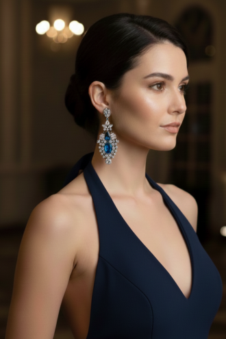 Lacivert Taşlı Sallantılı Abiye Küpe