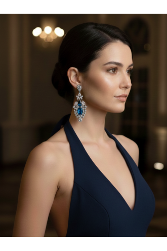 Lacivert Taşlı Sallantılı Abiye Küpe