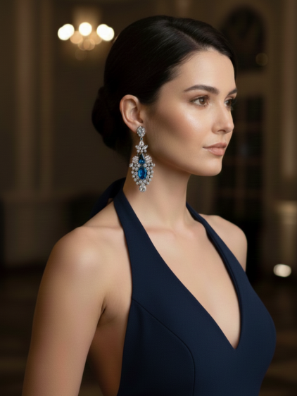 Lacivert Taşlı Sallantılı Abiye Küpe