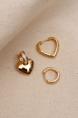 3'Lü Kalp Figür Baget Taşlı Vip Gold Renk Küpe