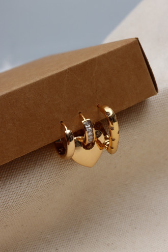 3'Lü Kalp Figür Baget Taşlı Vip Gold Renk Küpe