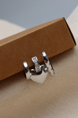 3'Lü Kalp Figür Baget Taşlı Vip Gümüş Küpe