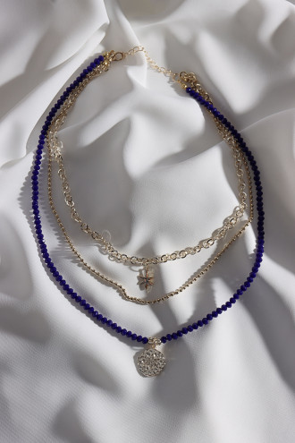 Lacivert Kristal Taşlı 3'Lü Gold Renk Kolye