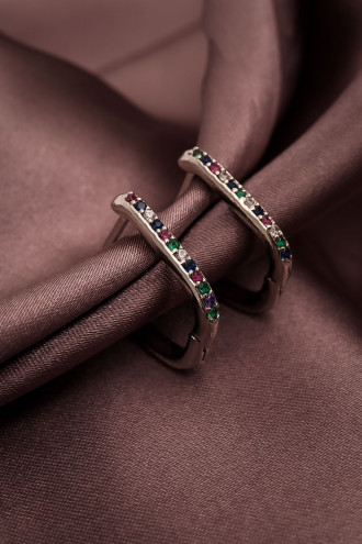 Renkli Taşlı Oval Gümüş Renk Halka Küpe