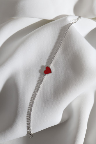 Kırmızı Mineli Kalp Figür Su Yolu Gümüş Renk Bileklik