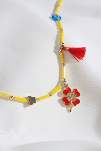 Yonca Uçlu Pembe Yıldızlı Sarı Kolye