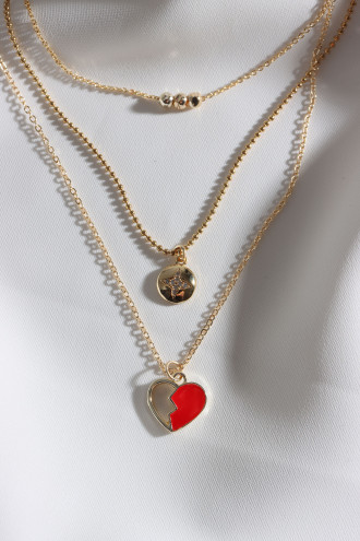 3'Lü Kırmızı Mineli Kalp Kolye