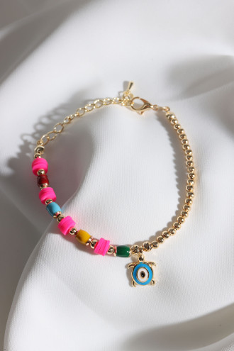 Pembe Fimo Boncuk Detaylı Kaplumbağa Uçlu Top Bileklik