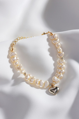 İncili Kalp Uçlu Gold Renk Bileklik