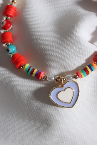 Kırmızı Fimo Boncuklu Lila Mineli Kalp Bileklik