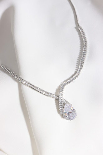 Zircon Damla Taşlı Vip Gümüş Renk Abiye Kolye