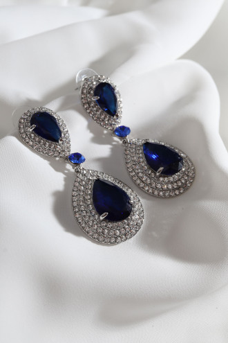 Lacivert Taşlı Sallantılı Gümüş Renk Abiye Küpe