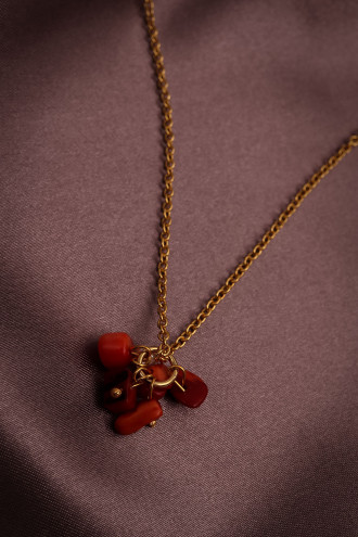 Kırmızı Doğal Taş Sallantılı Ikili Zincir Kolye