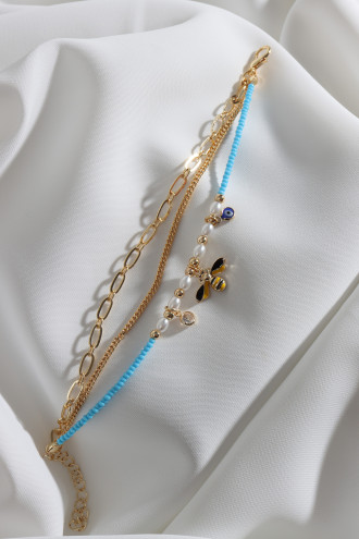 3'Lü Mavi Boncuklu Arı Figür Gold Renk Zincir Bileklik