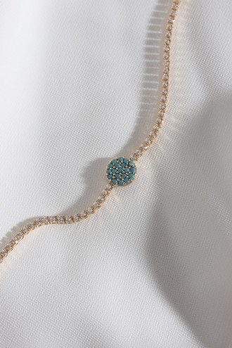 Turkuz Taşlı Yuvarlak Figür Zircon Taş Gold Renk Suyolu Bileklik