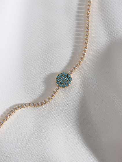 Turkuz Taşlı Yuvarlak Figür Zircon Taş Gold Renk Suyolu Bileklik