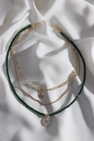 Yeşil Kristal Taşlı 3'Lü Gold Renk Kolye