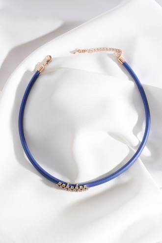 Mavi Yumuşak Deri Gold Renk Zircon Taşlı Choker
