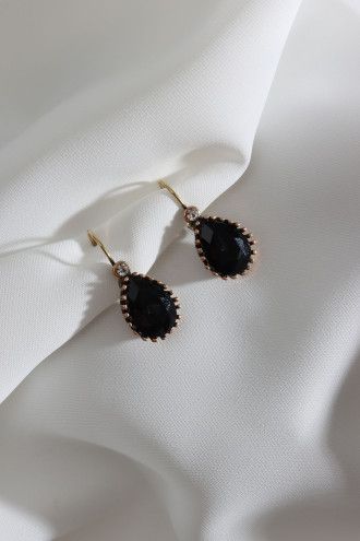 Büyük Boy Siyah Taşlı Damla Otantik Küpe