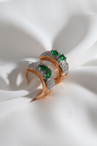 Yeşil Taş Detaylı Rose Renk Halka Küpe