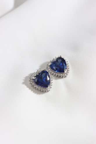 Lacivert Taşlı Gümüş Renk Kalp Küpe