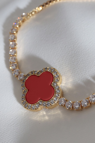 Kırmızı Mineli Yonca Asansörlü Gold Renk Bileklik