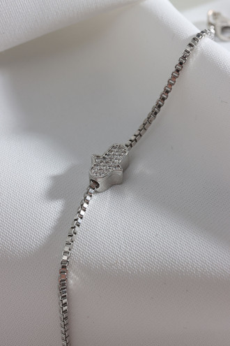 Zircon Taşlı Gümüş Renk Küçük Boy Fatma Ana Eli Bileklik