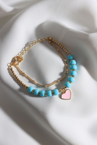 Mavi Boncuklu Pembe Mineli Kalp Uçlu Bileklik