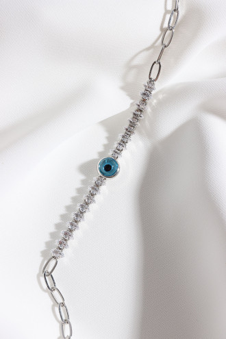 Badem Zircon Taşlı Nazar Boncuklu Zircon Gümüş Renk Zincir Bileklik