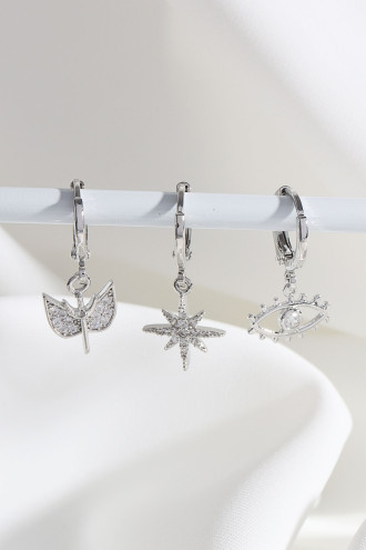 Vip Collectıon 3'Lü Zircon Taşlı Gümüş Renk Halka Küpe