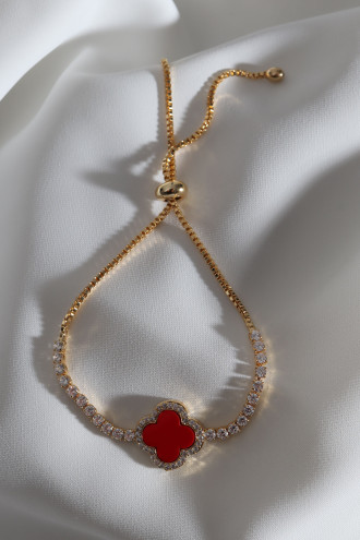 Kırmızı Mineli Yonca Asansörlü Gold Renk Bileklik