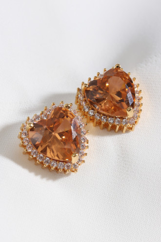 Bal Rengi Taşlı Gold Renk Kalp Küpe