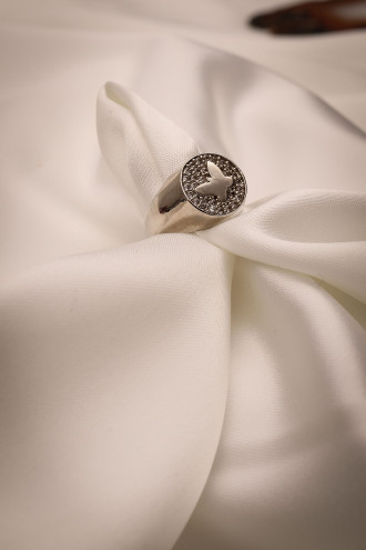 Kelebek Detay Gümüş Renk Alttan Ayarlanabilir Yüzük