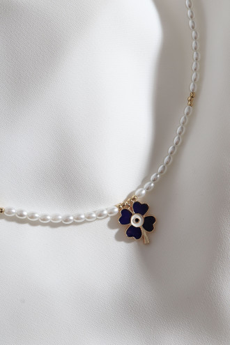 Lacivert Mineli Yonca Figür Inci Kolye