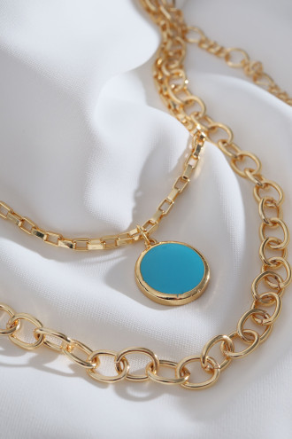 3'Lü Mavi Mineli Yuvarlak Uçlu Gold Renk Zincir Kolye