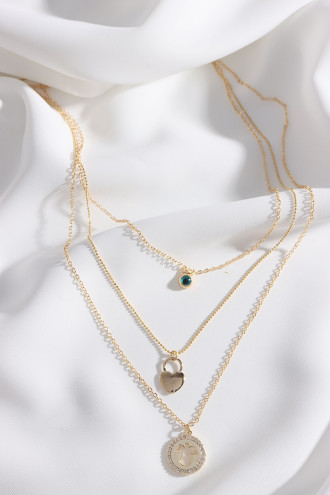 Melek-Kalp Uçlu 3'Lü Gold Renk Uzun Kolye