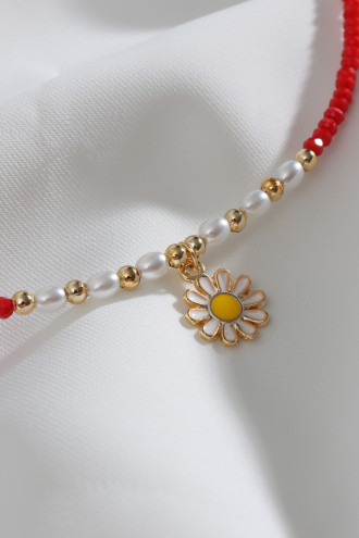 Kırmızı Boncuklu Papatya Figür Çıtır Kolye