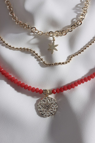 Kırmızı Kristal Taşlı 3'Lü Gold Renk Kolye