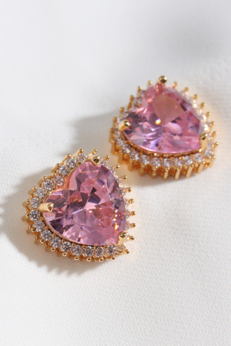 Pembe Taşlı Gold Renk Kalp Küpe