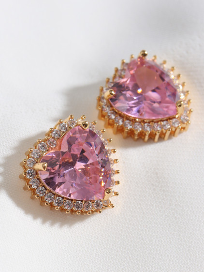 Pembe Taşlı Gold Renk Kalp Küpe