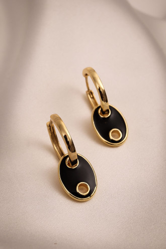 Düğme Model Siyah Mineli Gold Renk Halka Küpe