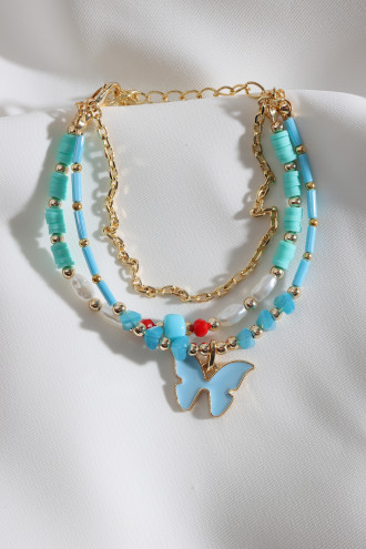 3'Lü Kelebek Uçlu Fimo Boncuk Detaylı Mavi Bileklik