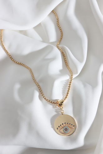 Uzun Zincirli Gold Renk Plaka Üzeri Taşlı Göz Kolye