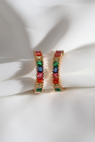 Kare Renkli Zircon Taşlı Gold Renk Halka Küpe