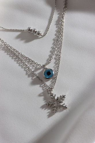 3'Lü Kar Tanesi Ve Nazar Uçlu Gümüş Renk Kolye