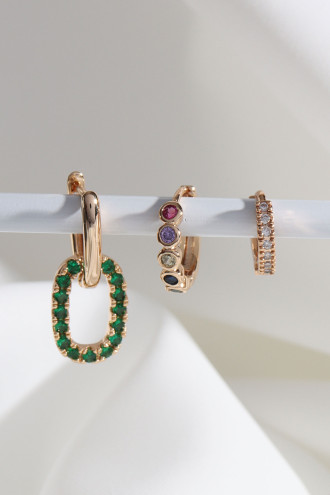 Vip Collectıon 3'Lü Yeşil Taşlı Gold Renk Halka Küpe