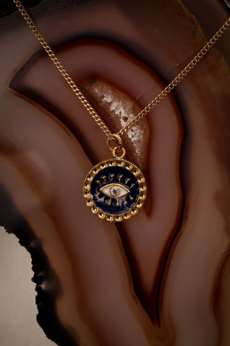 Lacivert Mineli Gold Renk Göz Kolye