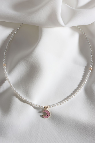 Pembe Mineli Ay Uçlu İnci Kolye