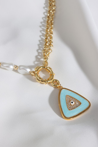 Üçgen Mavi Mineli Nazar Uçlu Inci Kolye