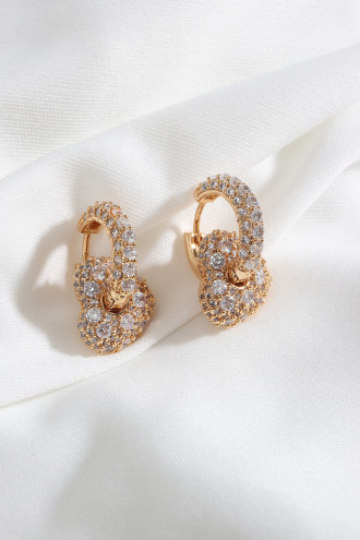 Çok Taşlı Kalp Figür Gold Renk Halkalı Abiye Küpe